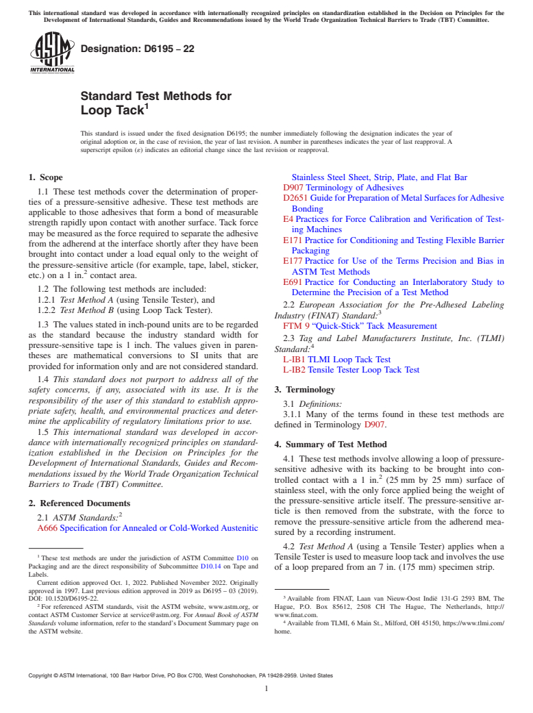 ASTM D6195-22 - Standard Test Methods for Loop Tack