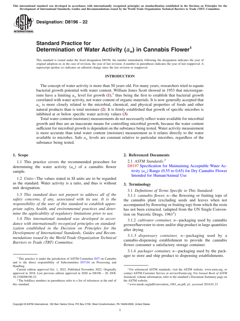 ASTM D8196-22 - Standard Practice for Determination of Water Activity (<emph type="ital">a<inf>w</inf  ></emph>) in Cannabis Flower