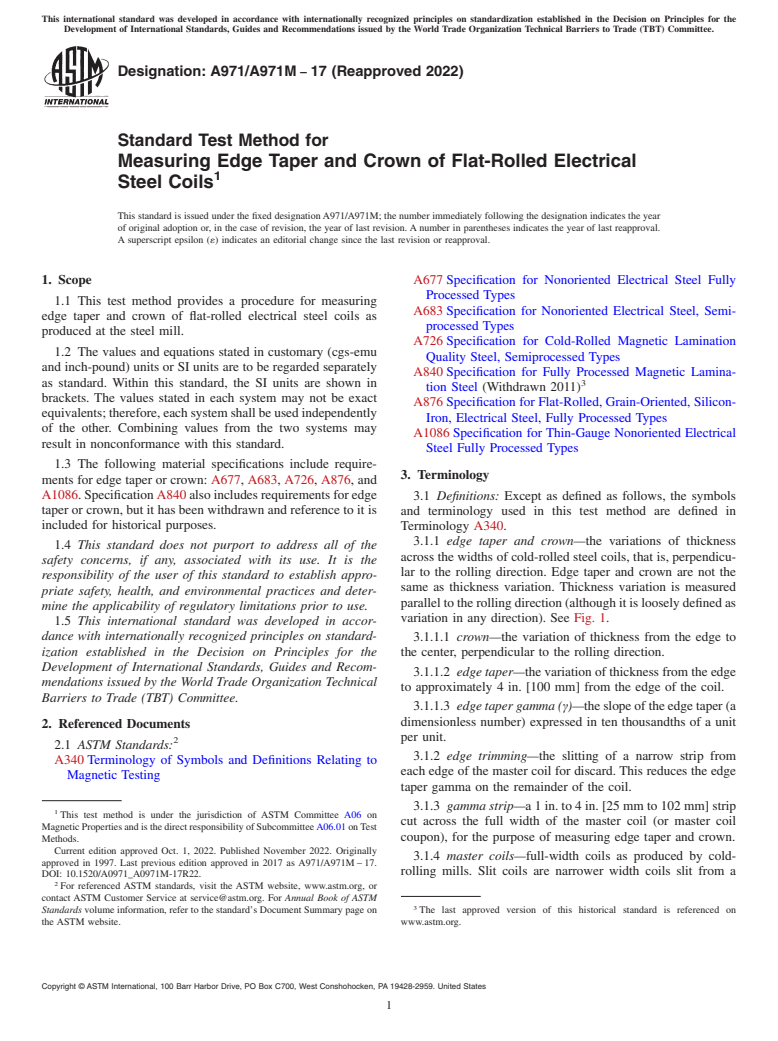 ASTM A971/A971M-17(2022) - Standard Test Method for  Measuring Edge Taper and Crown of Flat-Rolled Electrical Steel   Coils