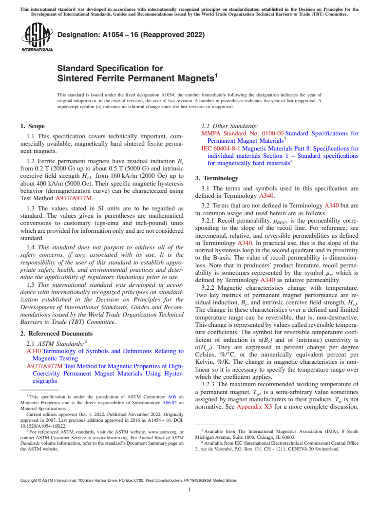 ASTM A1054-16(2022) - Standard Specification for  Sintered Ferrite Permanent Magnets