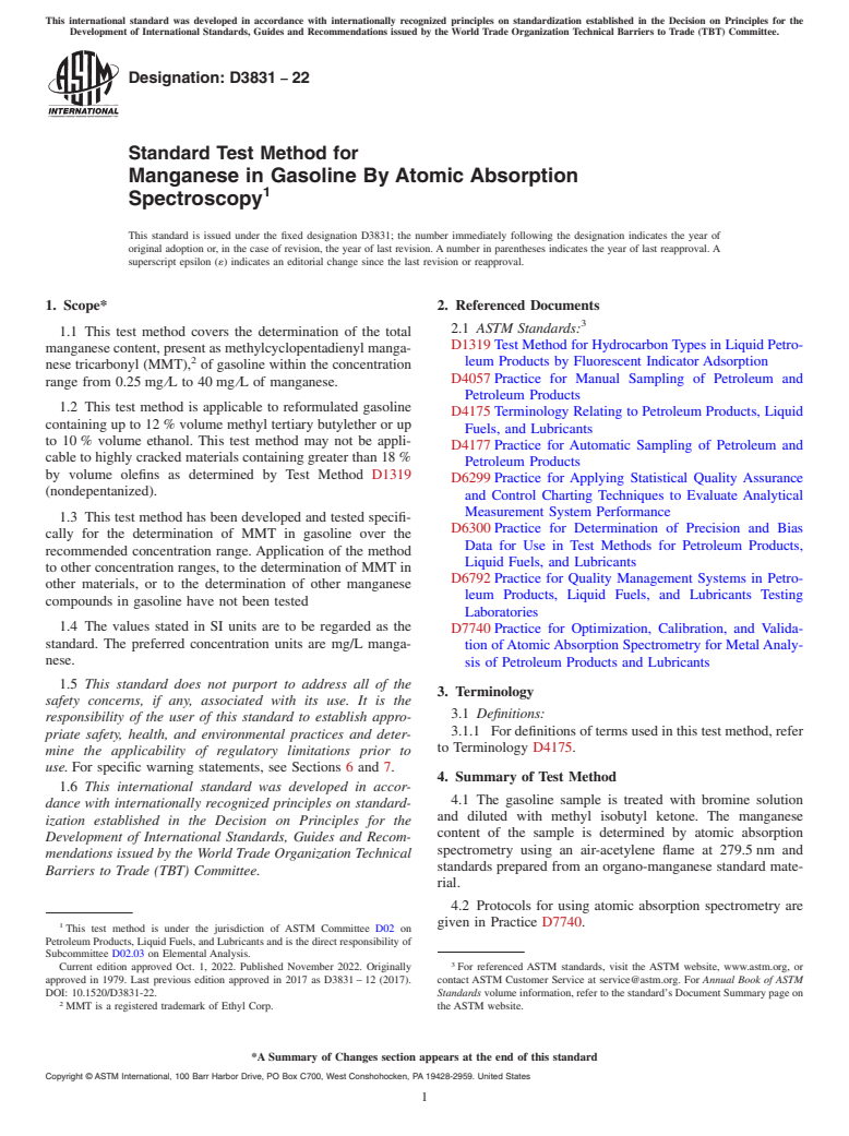 ASTM D3831-22 - Standard Test Method for Manganese in Gasoline By Atomic Absorption Spectroscopy