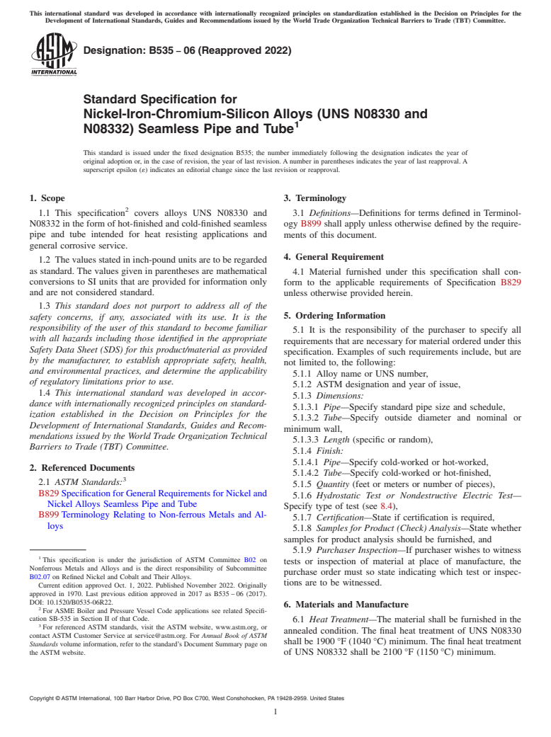 ASTM B535-06(2022) - Standard Specification for Nickel-Iron-Chromium-Silicon Alloys (UNS N08330 and N08332)  Seamless    Pipe and Tube