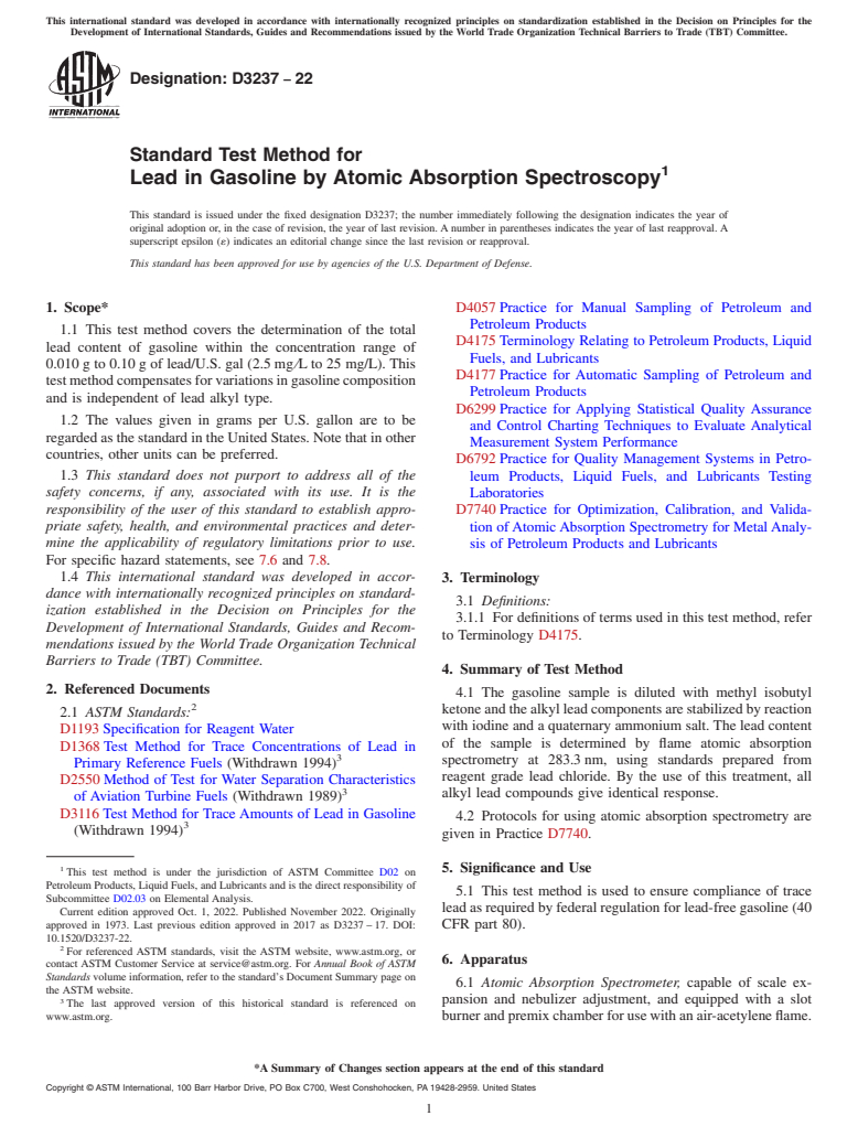 ASTM D3237-22 - Standard Test Method for Lead in Gasoline by Atomic Absorption Spectroscopy