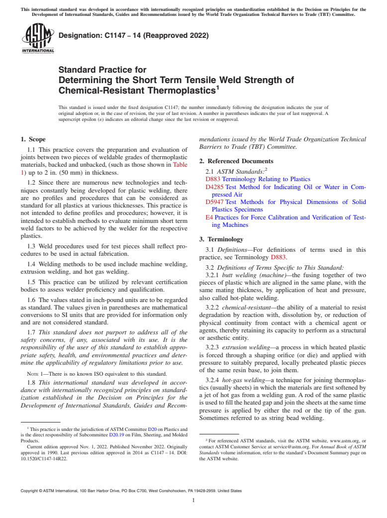 ASTM C1147-14(2022) - Standard Practice for Determining the Short Term Tensile Weld Strength of Chemical-Resistant  Thermoplastics