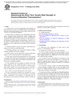 ASTM C1147-14(2022) ASTM C1147-14(2022) - Standard Practice for Determining the Short Term Tensile Weld Strength of Chemical-Resistant Thermoplastics - Page 1 preview