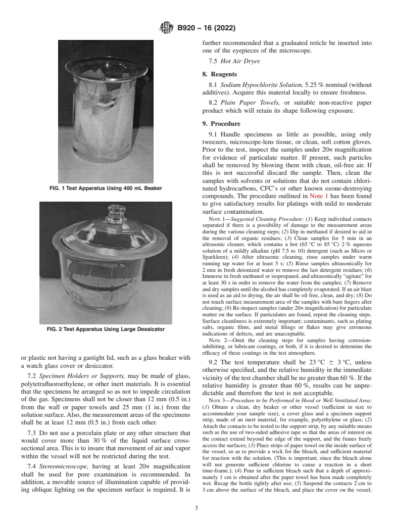 ASTM B920-16(2022) - Standard Practice for Porosity in Gold and Palladium Alloy Coatings on Metal Substrates  by Vapors of Sodium Hypochlorite Solution