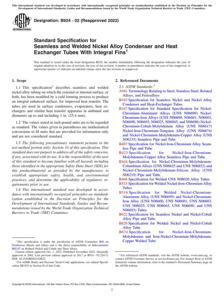 ASTM B924-02(2022) - Standard Specification for Seamless and Welded Nickel Alloy Condenser and Heat Exchanger  Tubes  With Integral Fins