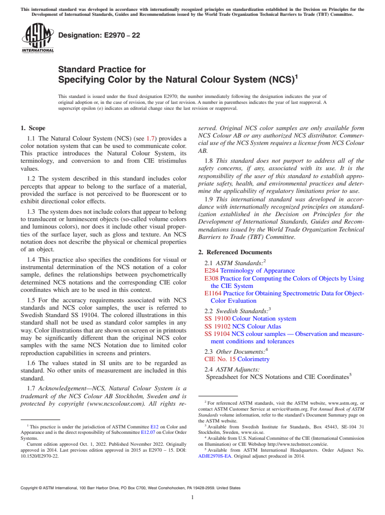 ASTM E2970-22 - Standard Practice for Specifying Color by the Natural Colour System (NCS)