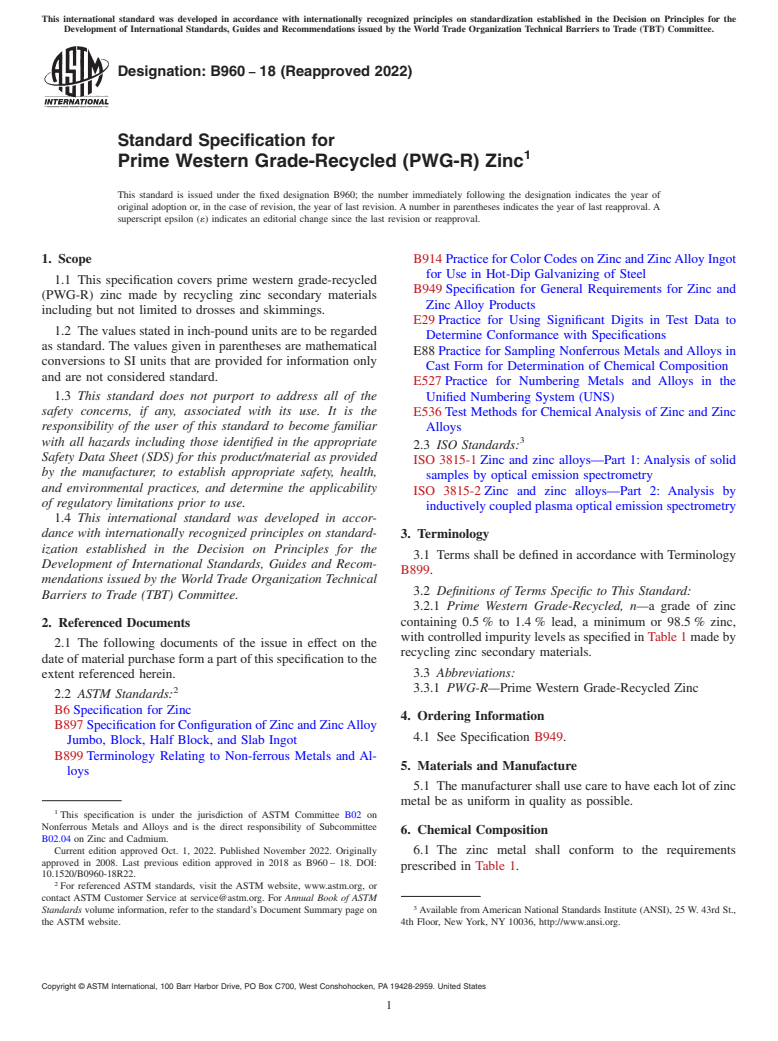 ASTM B960-18(2022) - Standard Specification for Prime Western Grade-Recycled (PWG-R) Zinc