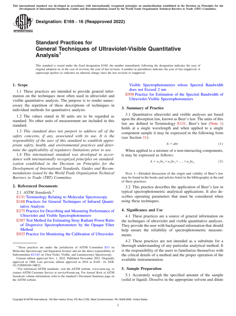 ASTM E169-16(2022) - Standard Practices for General Techniques of Ultraviolet-Visible Quantitative Analysis