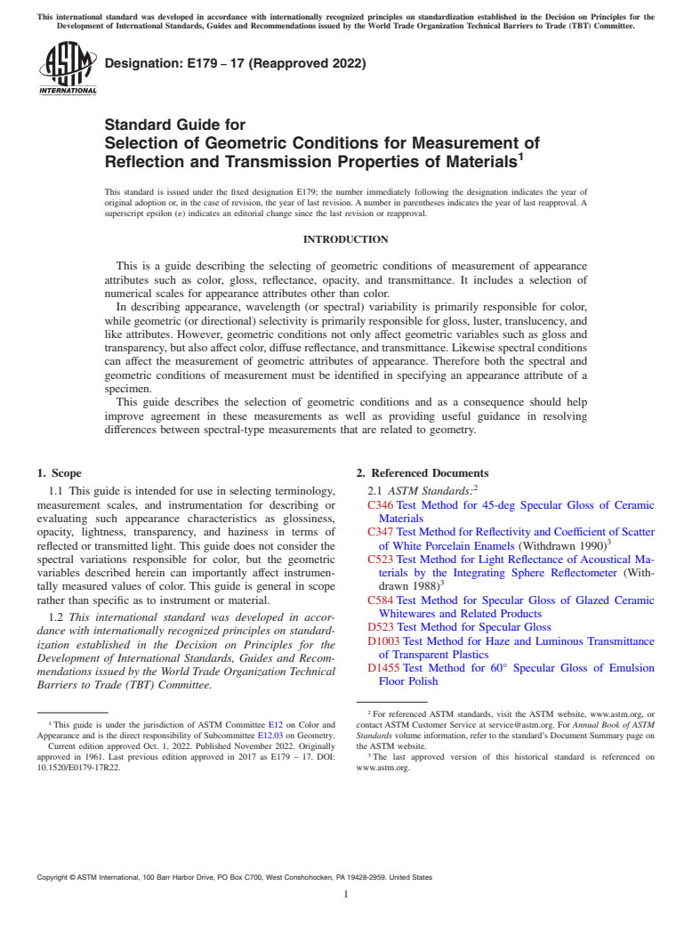 ASTM E179-17(2022) - Standard Guide for Selection of Geometric Conditions for Measurement of Reflection  and Transmission Properties of Materials