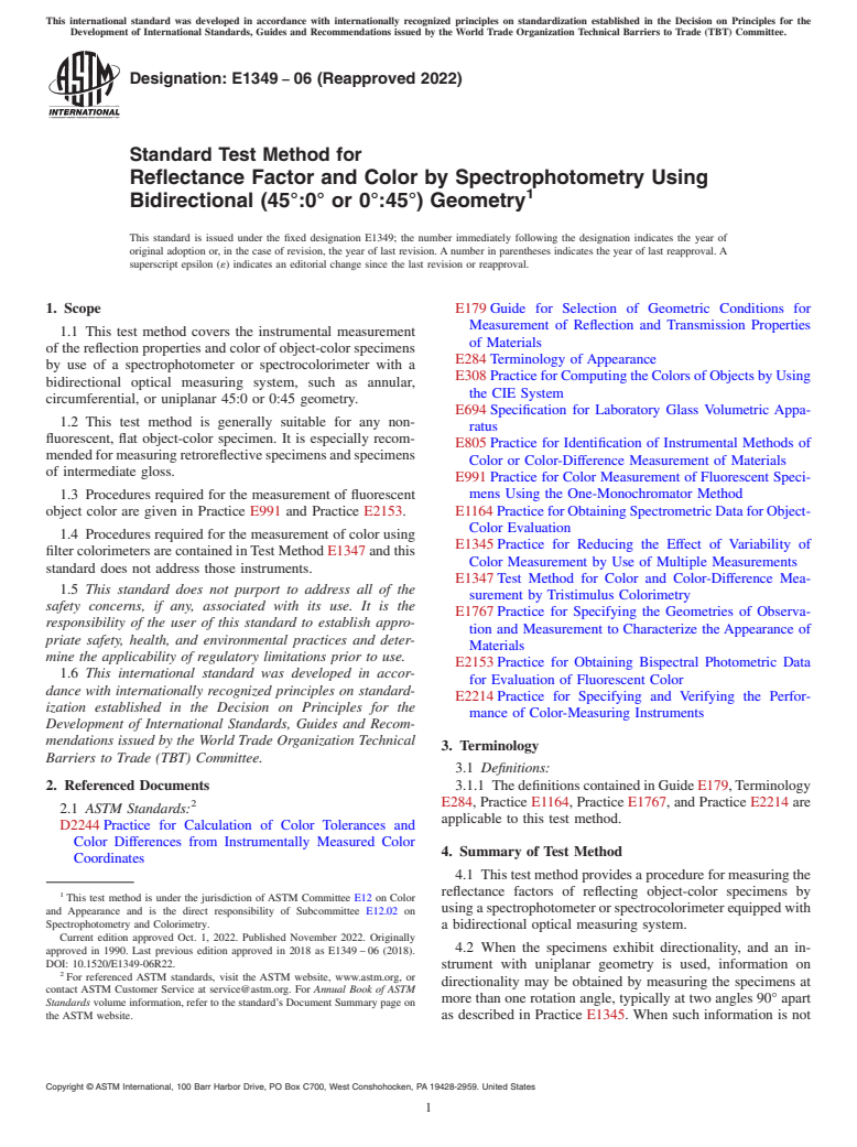 ASTM E1349-06(2022) - Standard Test Method for Reflectance Factor and Color by Spectrophotometry Using Bidirectional   (45°:0° or 0°:45°) Geometry