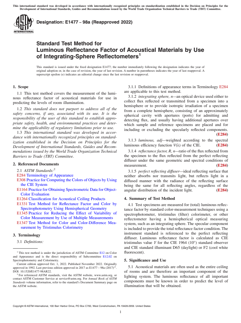 ASTM E1477-98a(2022) - Standard Test Method for Luminous Reflectance Factor of Acoustical Materials by Use  of Integrating-Sphere    Reflectometers