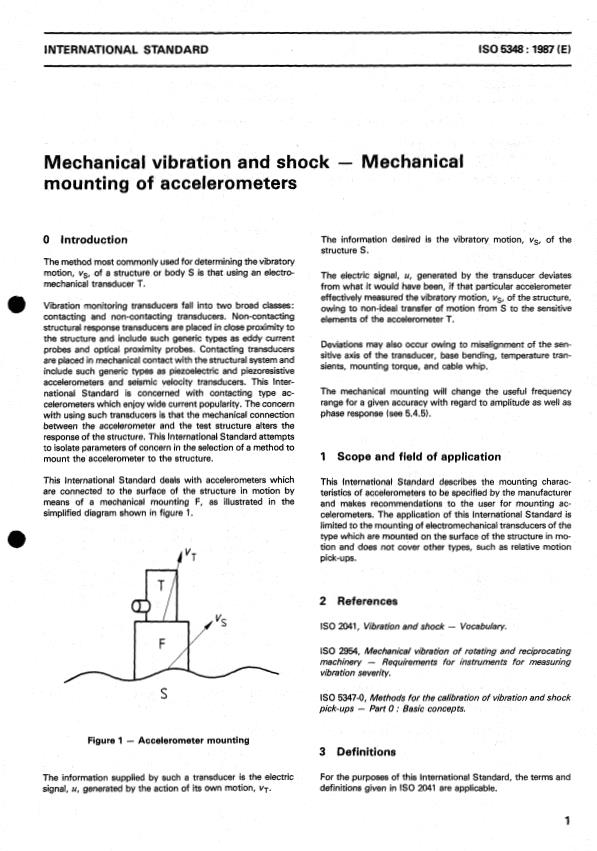 ISO 5348:1987 - Mechanical vibration and shock -- Mechanical mounting of accelerometers