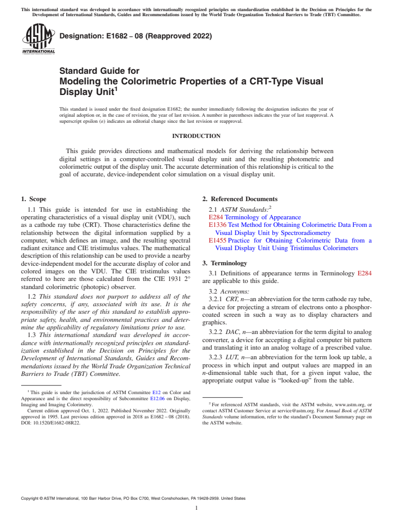 ASTM E1682-08(2022) - Standard Guide for Modeling the Colorimetric Properties of a CRT-Type Visual Display  Unit