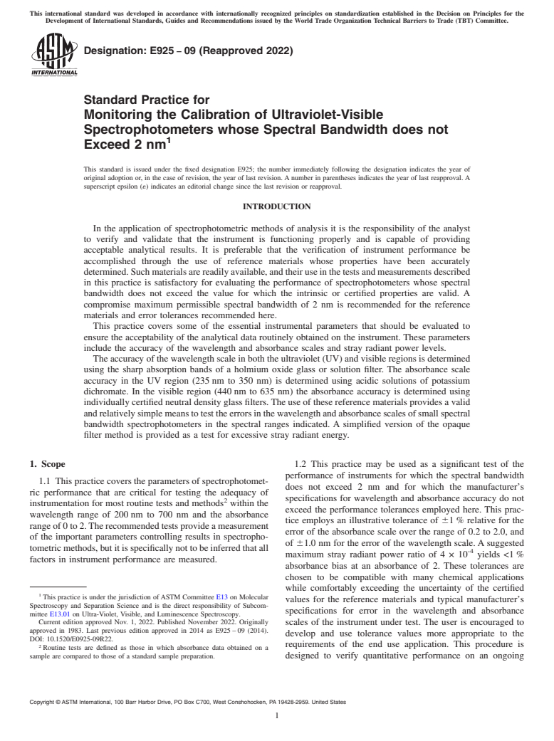 ASTM E925-09(2022) - Standard Practice for Monitoring the Calibration of Ultraviolet-Visible Spectrophotometers  whose Spectral Bandwidth does not Exceed 2 nm