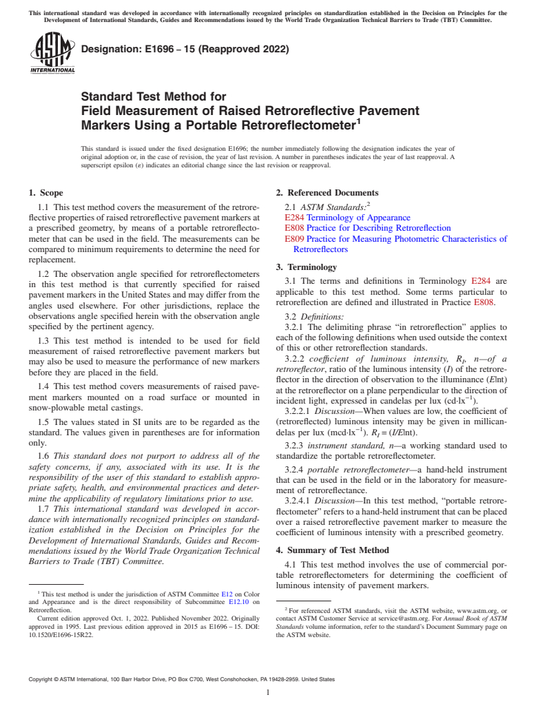 ASTM E1696-15(2022) - Standard Test Method for Field Measurement of Raised Retroreflective Pavement Markers   Using a Portable Retroreflectometer