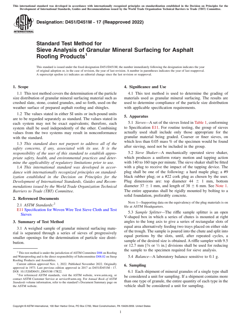 ASTM D451/D451M-17(2022) - Standard Test Method for  Sieve Analysis of Granular Mineral Surfacing for Asphalt Roofing  Products