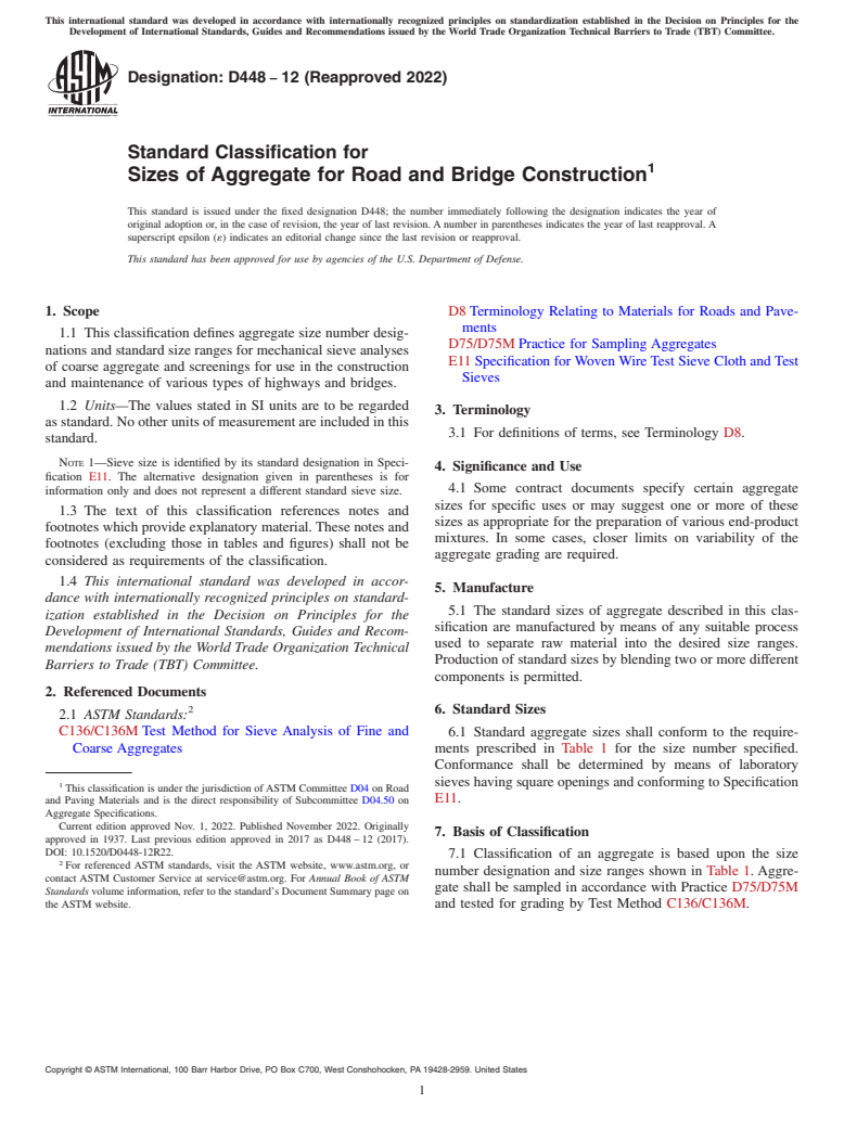 ASTM D448-12(2022) - Standard Classification for  Sizes of Aggregate for Road and Bridge Construction