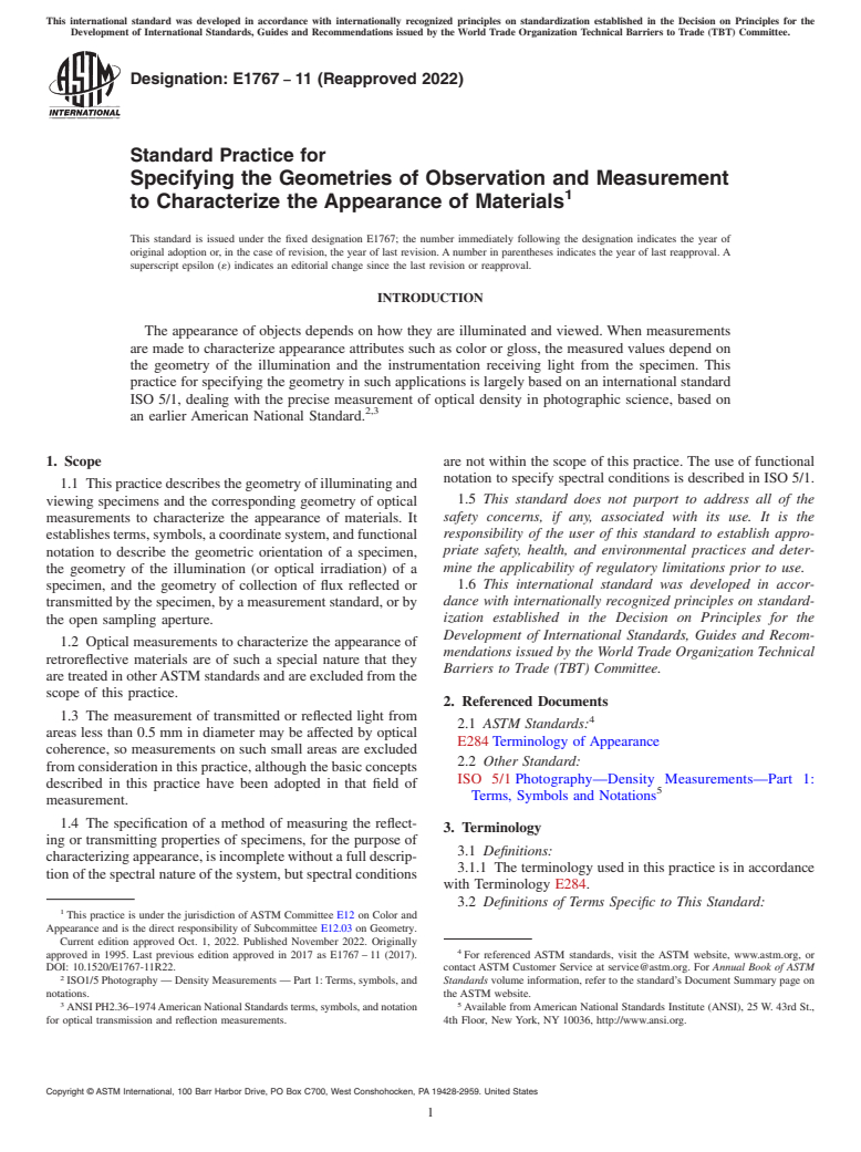 ASTM E1767-11(2022) - Standard Practice for Specifying the Geometries of Observation and Measurement to   Characterize the Appearance of Materials