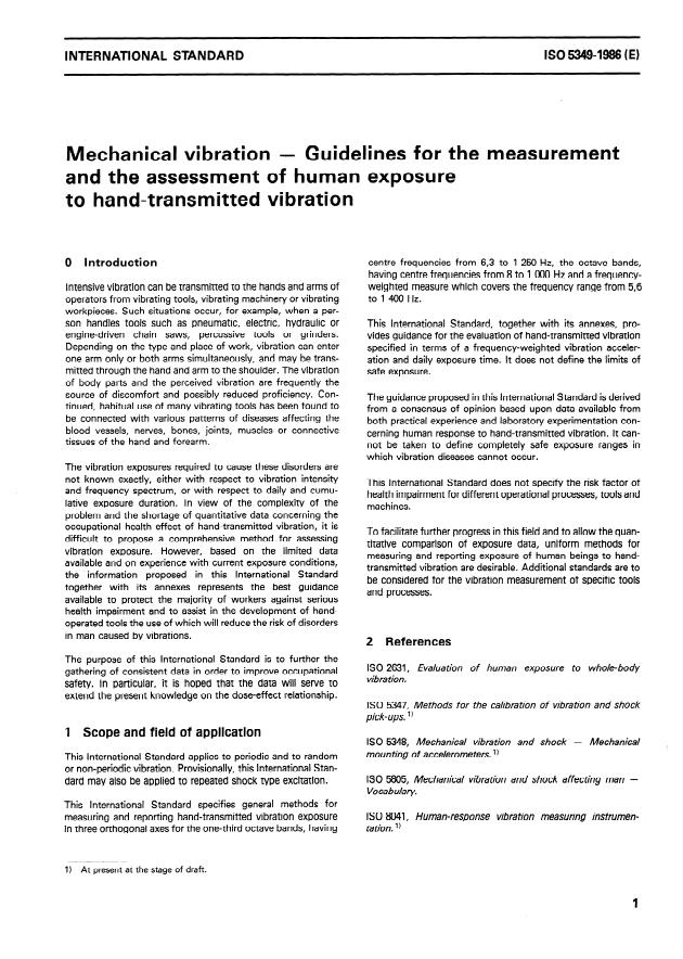 ISO 5349:1986 - Mechanical vibration -- Guidelines for the measurement and the assessment of human exposure to hand-transmitted vibration