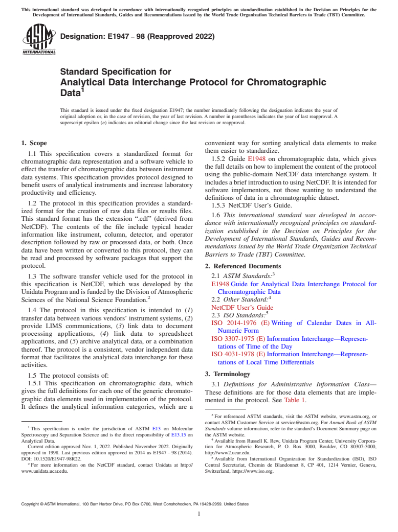 ASTM E1947-98(2022) - Standard Specification for Analytical Data Interchange Protocol for Chromatographic Data