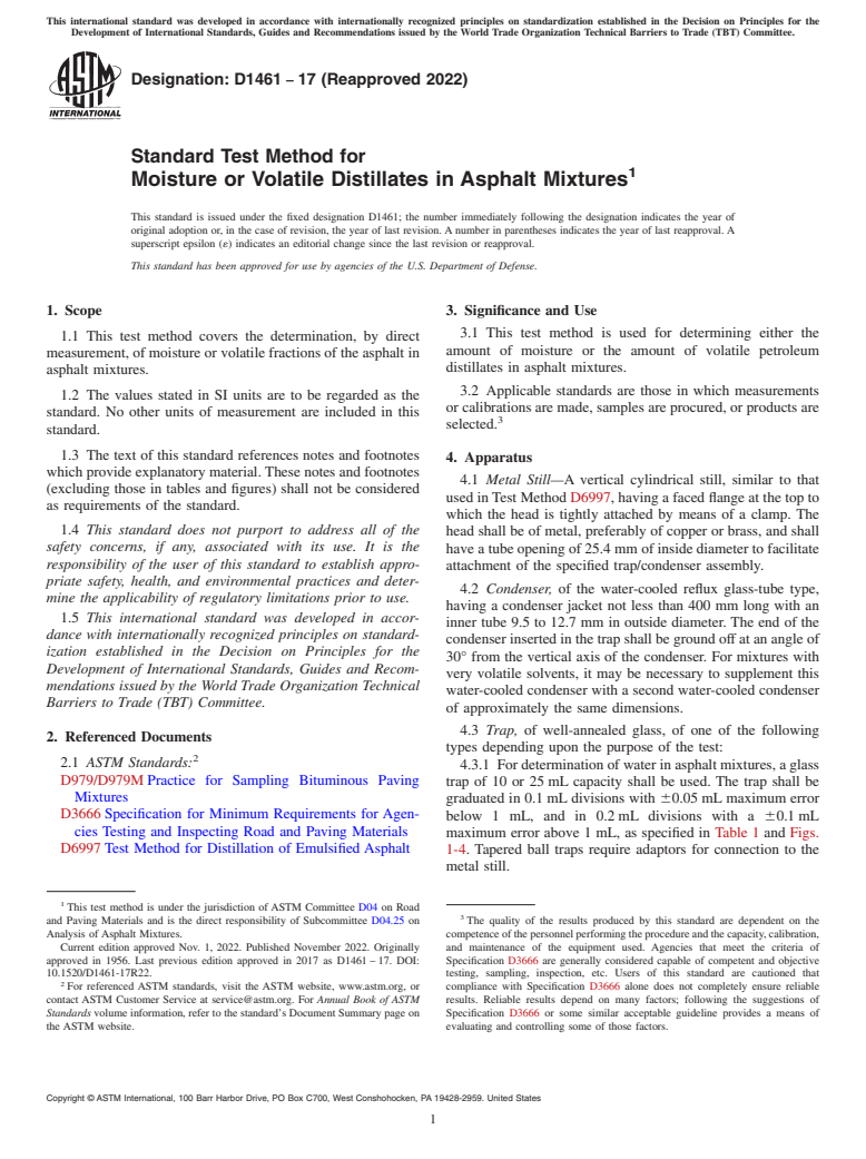 ASTM D1461-17(2022) - Standard Test Method for  Moisture or Volatile Distillates in Asphalt Mixtures