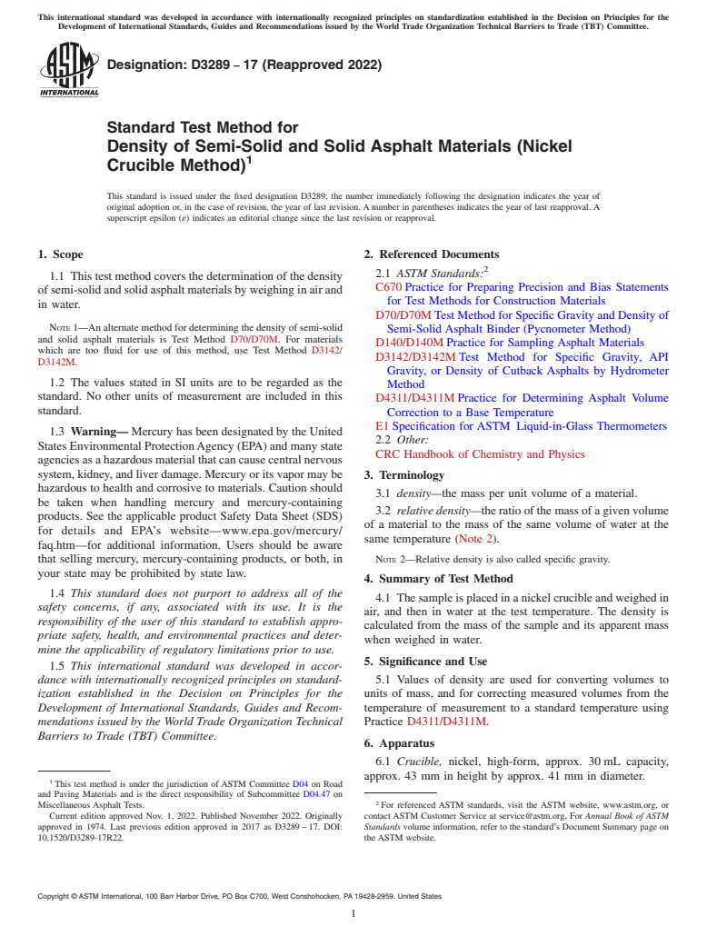 ASTM D3289-17(2022) - Standard Test Method for Density of Semi-Solid and Solid Asphalt Materials (Nickel Crucible  Method)