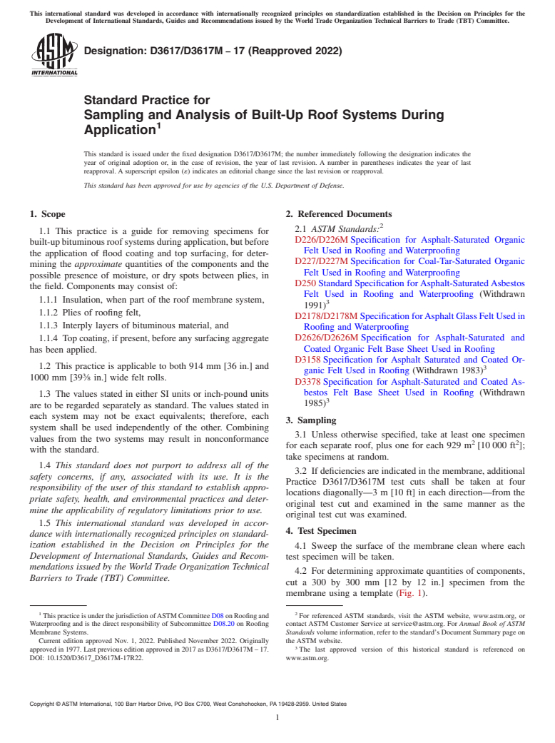 ASTM D3617/D3617M-17(2022) - Standard Practice for  Sampling and Analysis of Built-Up Roof Systems During Application