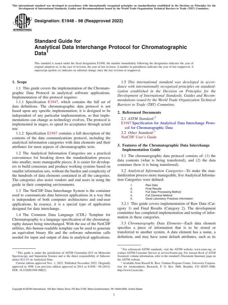 ASTM E1948-98(2022) - Standard Guide for Analytical Data Interchange Protocol for Chromatographic Data