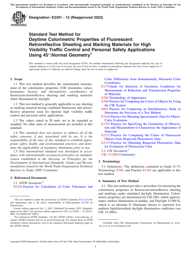 ASTM E2301-12(2022) - Standard Test Method for Daytime Colorimetric Properties of Fluorescent Retroreflective  Sheeting  and Marking Materials for High Visibility Traffic Control  and Personal Safety  Applications Using 45°:Normal Geometry