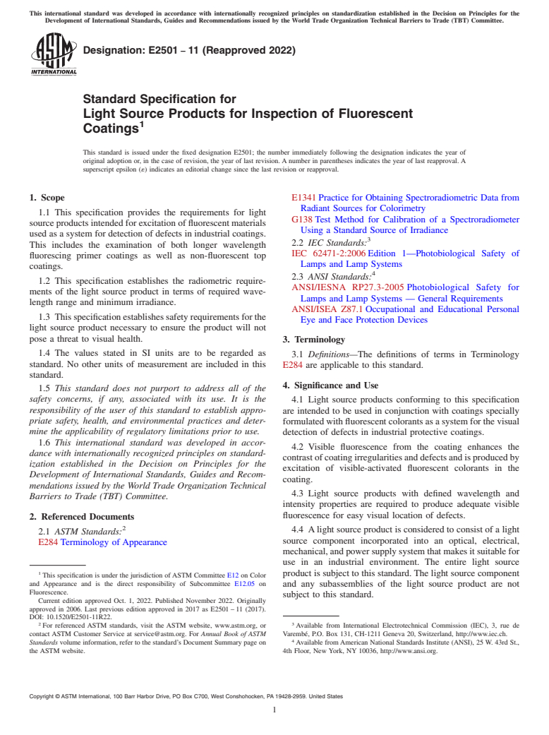 ASTM E2501-11(2022) - Standard Specification for Light Source Products for Inspection of Fluorescent Coatings