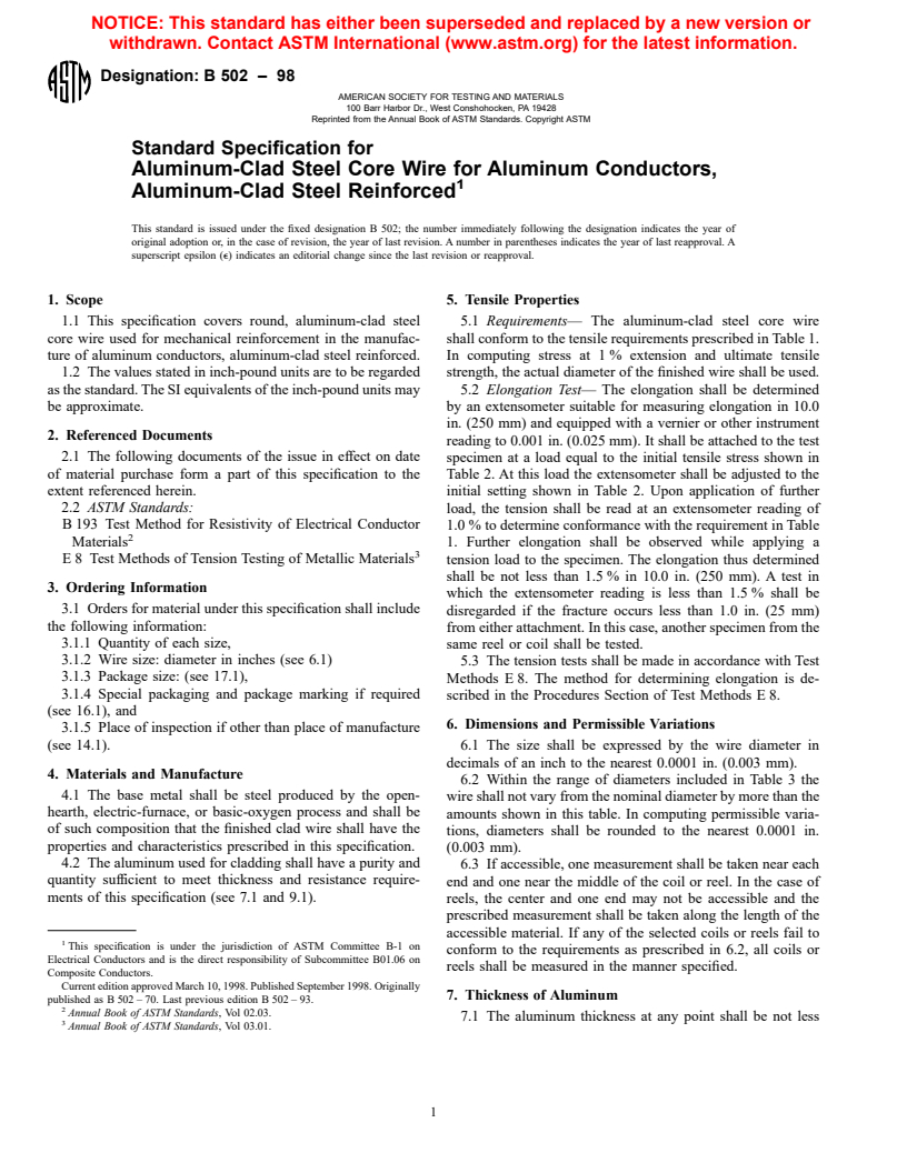 ASTM B502-98 - Standard Specification for Aluminum-Clad Steel Core Wire for Aluminum Conductors, Aluminum-Clad Steel Reinforced