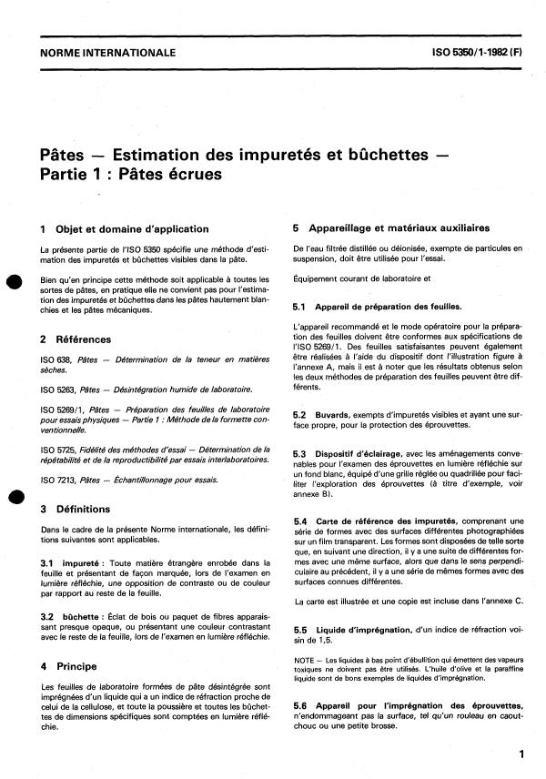 ISO 5350-1:1982 - Pâtes -- Estimation des impuretés et buchettes