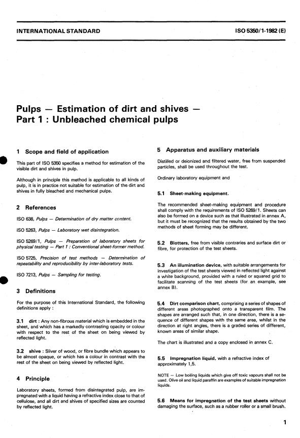 ISO 5350-1:1982 - Pulps -- Estimation of dirt and shives