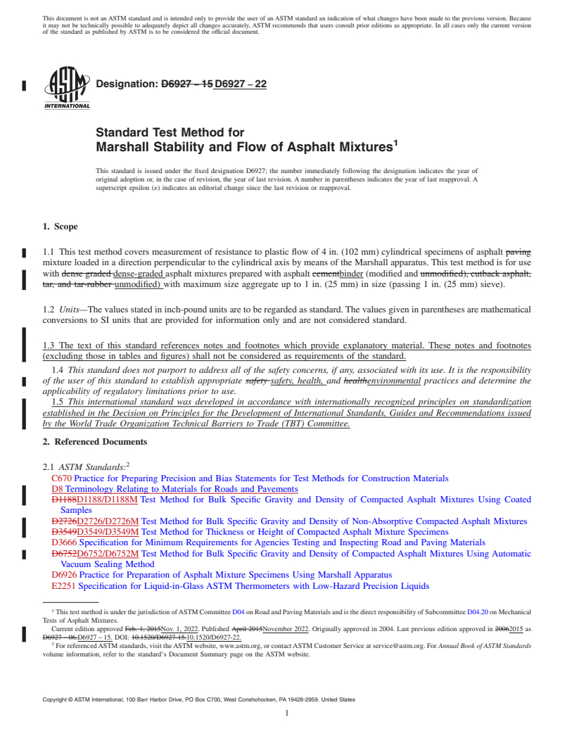 REDLINE ASTM D6927-22 - Standard Test Method for Marshall Stability and Flow of Asphalt Mixtures