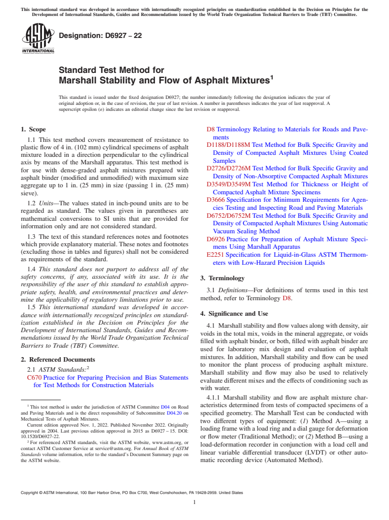 ASTM D6927-22 - Standard Test Method for Marshall Stability and Flow of Asphalt Mixtures