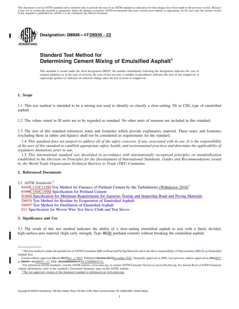 REDLINE ASTM D6935-22 - Standard Test Method for  Determining Cement Mixing of Emulsified Asphalt