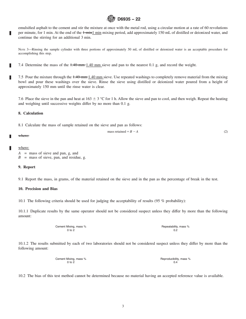 REDLINE ASTM D6935-22 - Standard Test Method for  Determining Cement Mixing of Emulsified Asphalt