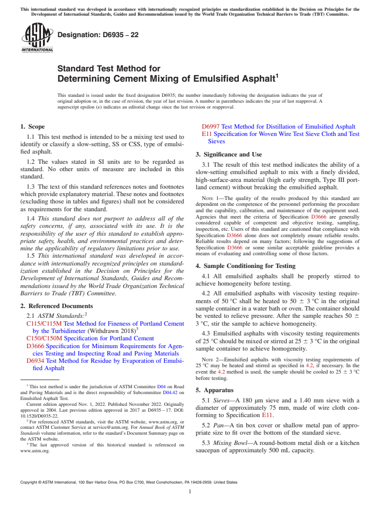 ASTM D6935-22 - Standard Test Method for  Determining Cement Mixing of Emulsified Asphalt