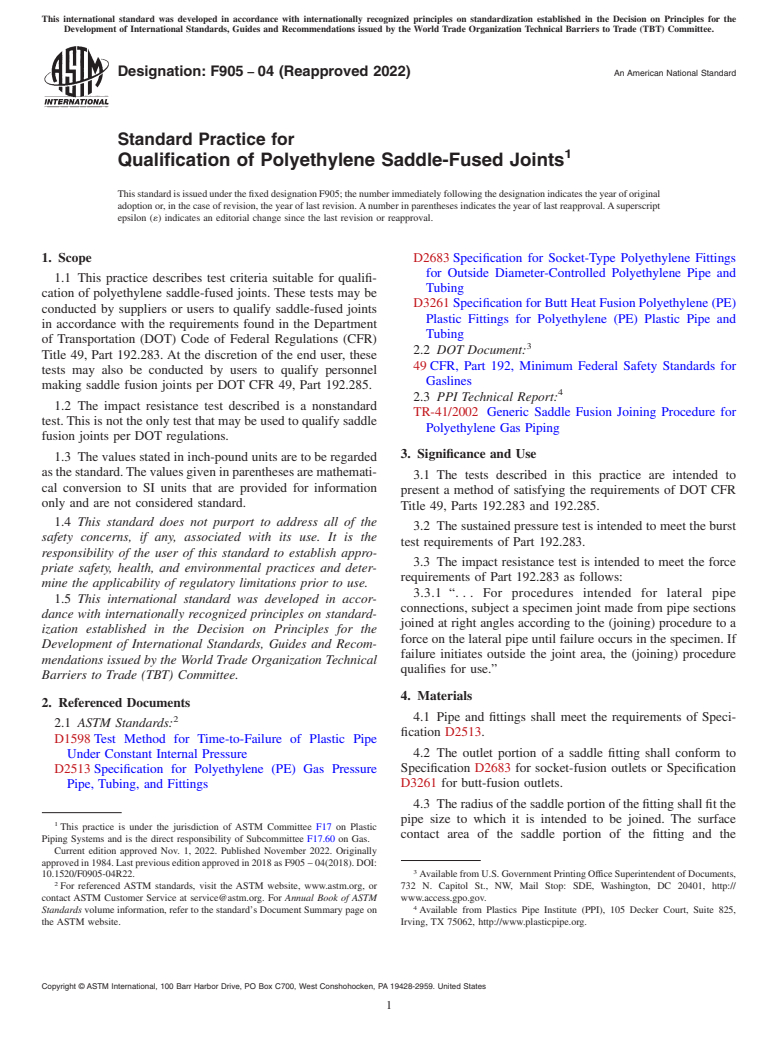 ASTM F905-04(2022) - Standard Practice for  Qualification of Polyethylene Saddle-Fused Joints