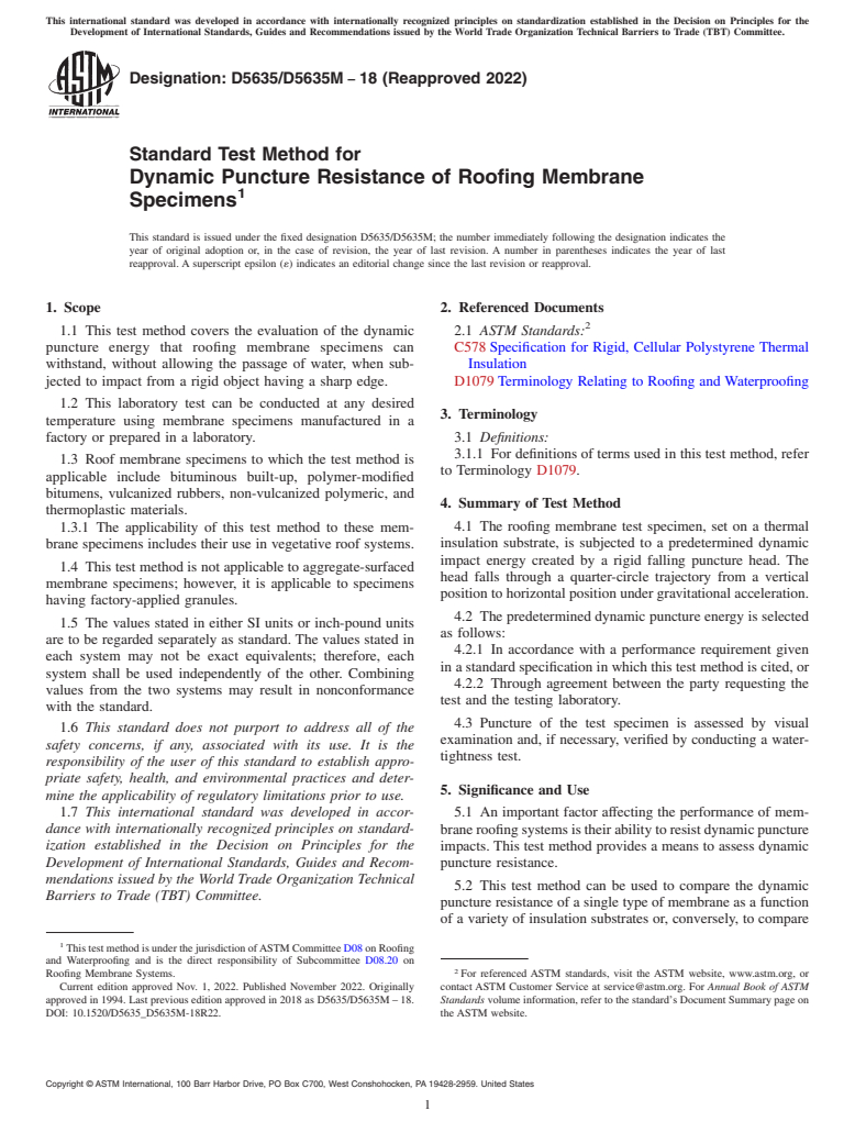 ASTM D5635/D5635M-18(2022) - Standard Test Method for  Dynamic Puncture Resistance of Roofing Membrane Specimens