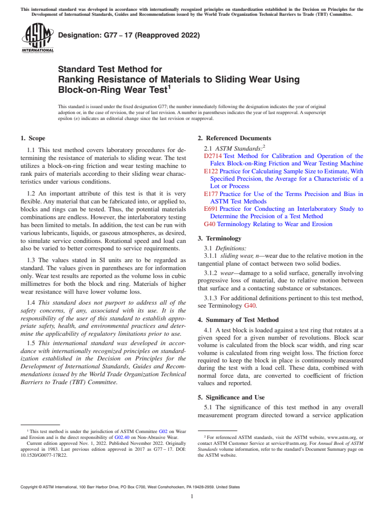 ASTM G77-17(2022) - Standard Test Method for Ranking Resistance of Materials to Sliding Wear Using Block-on-Ring  Wear Test