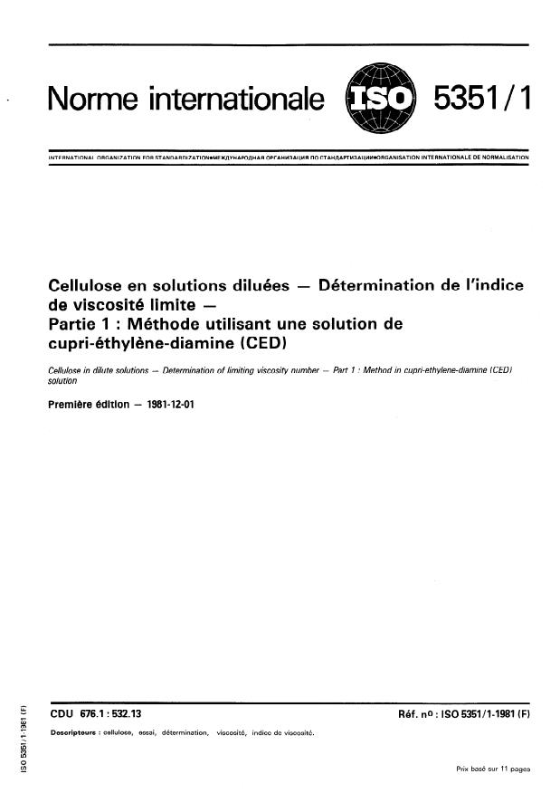 ISO 5351-1:1981 - Cellulose en solutions diluées -- Détermination de l'indice de viscosité limite