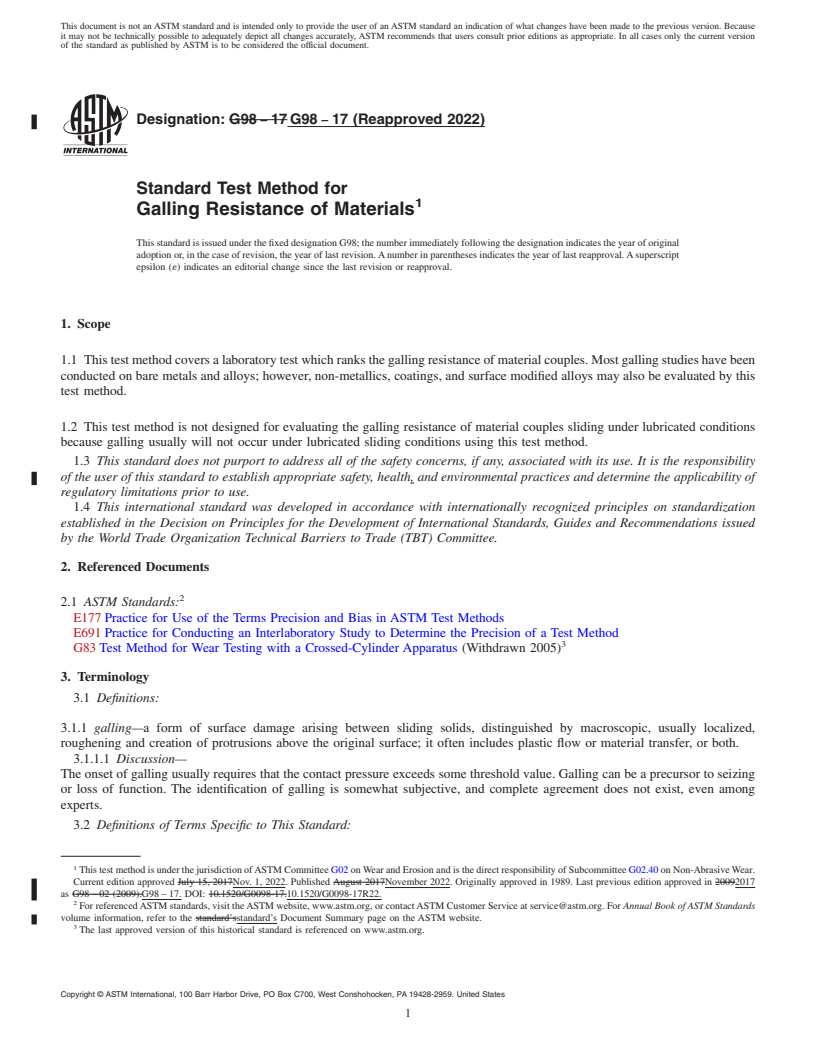 REDLINE ASTM G98-17(2022) - Standard Test Method for Galling Resistance of Materials