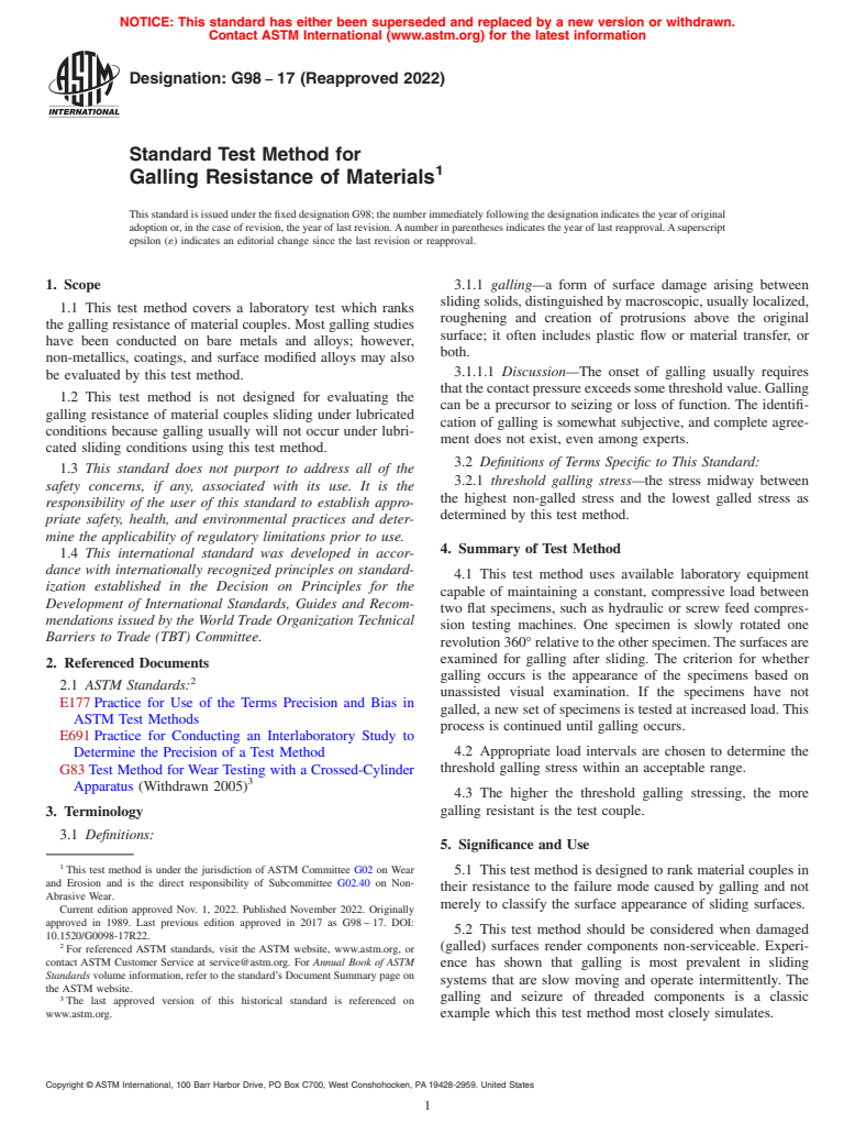 ASTM G98-17(2022) - Standard Test Method for Galling Resistance of Materials