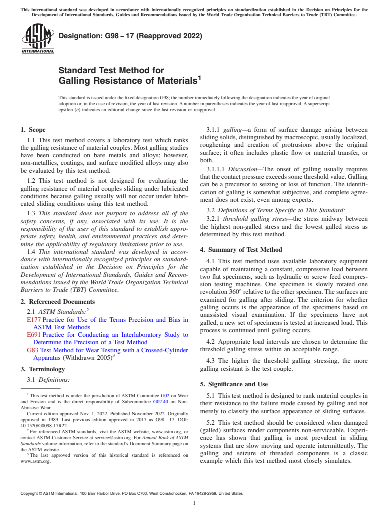 ASTM G98-17(2022) - Standard Test Method for Galling Resistance of Materials