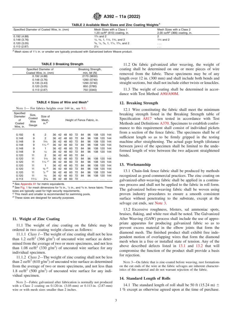 ASTM A392-11a(2022) - Standard Specification for  Zinc-Coated Steel Chain-Link Fence Fabric