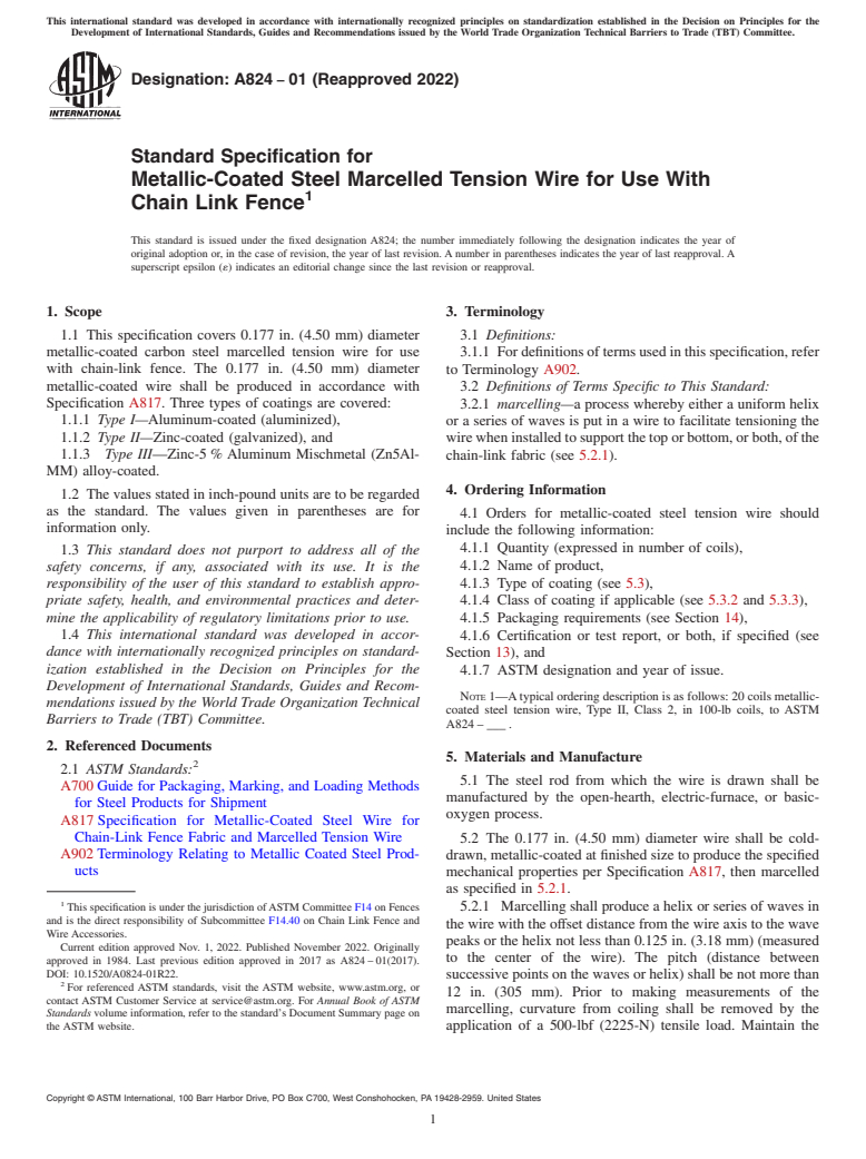 ASTM A824-01(2022) - Standard Specification for  Metallic-Coated Steel Marcelled Tension Wire for Use With Chain   Link Fence