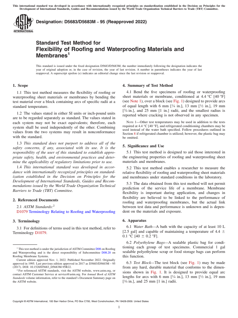 ASTM D5683/D5683M-95(2022) - Standard Test Method for  Flexibility of Roofing and Waterproofing Materials and Membranes